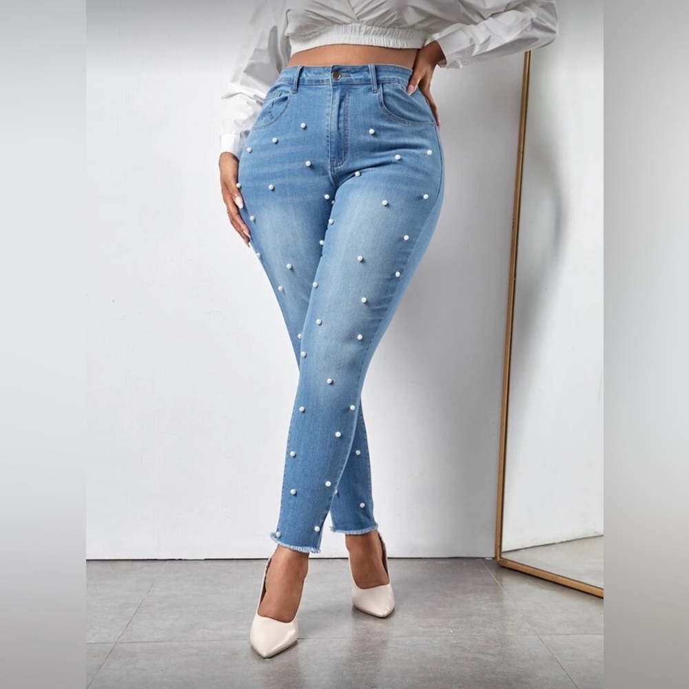SHEIN Light Blue Pearl Skinny Jeans